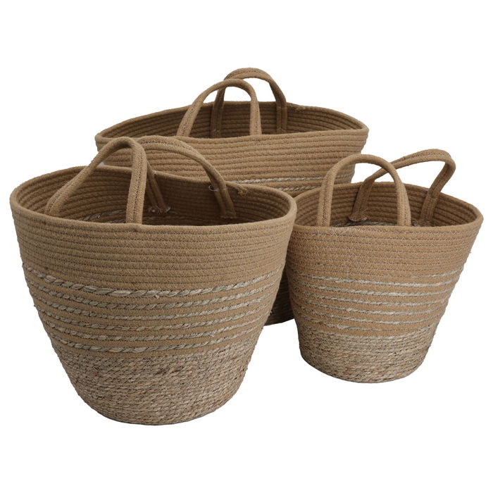 Brown round cotton basket set with handle 3 pieces image 1