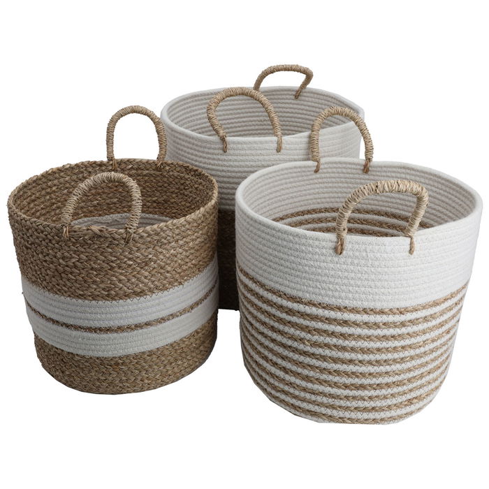 Beige round cotton basket set with handle 3 pieces image 1