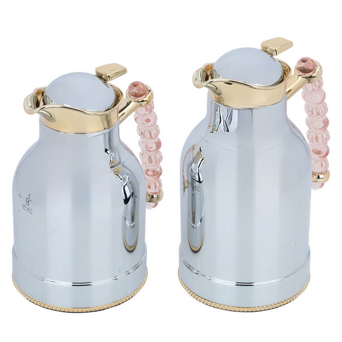 A unique thermos set of silver with a light pink gold handle, two pieces image 2