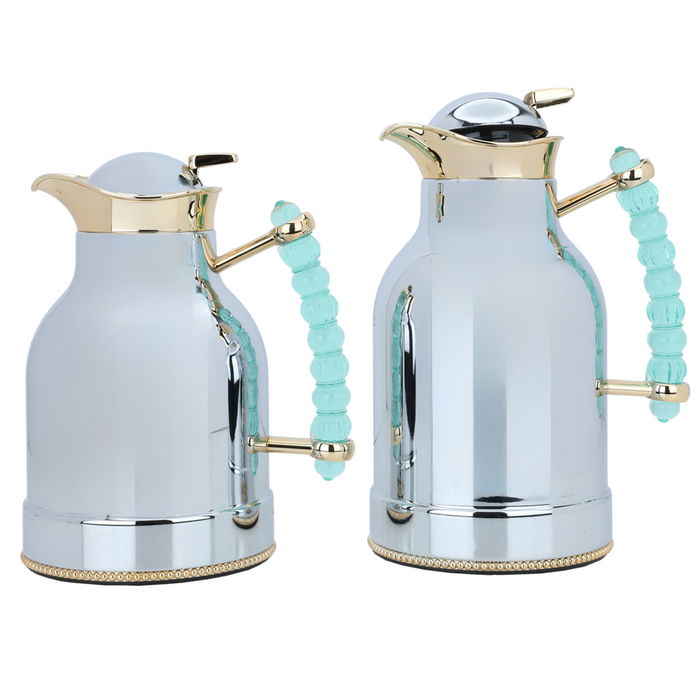 A unique thermos set, silver, gold, and light green, two pieces image 1