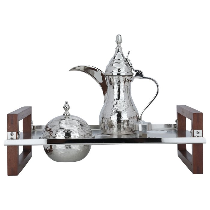 Silver steel serving set with dallah / dates / wooden plate image 1