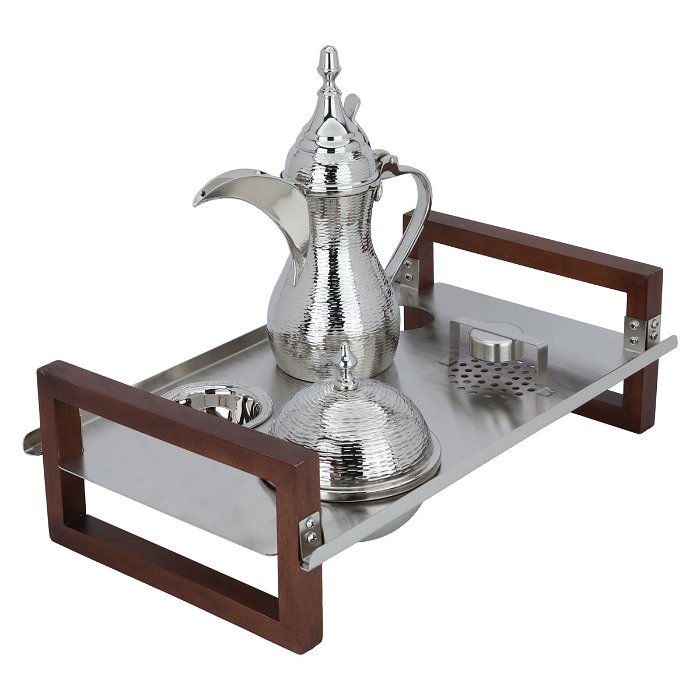 Silver steel serving set with dallah / dates / wooden plate image 2