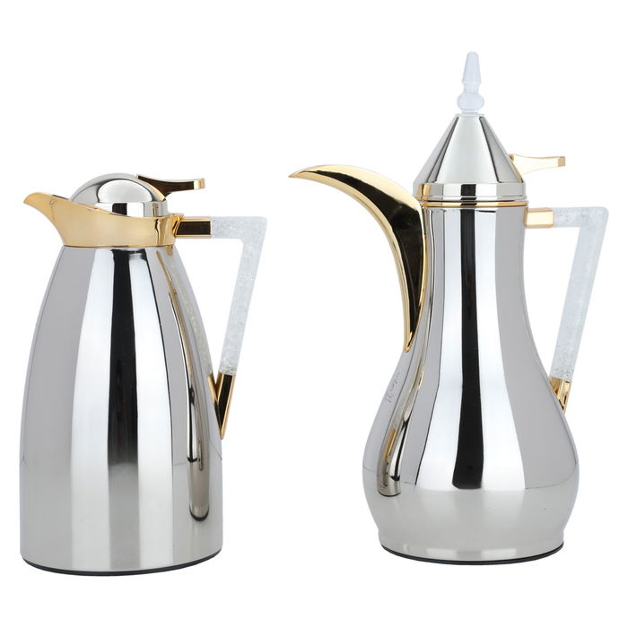 Maha Nickel Polished Thermos Set With Crystal Hand Golden Mouth 2 Pieces image 1