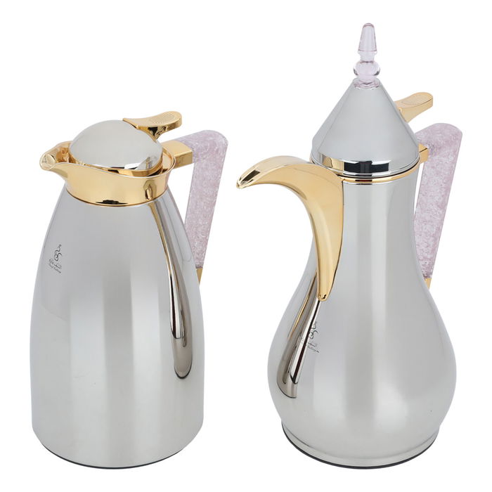 Maha thermos set, shiny nickel, with a pink crystal handle and a golden mouth, two pieces image 2