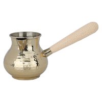Golden coffee pot with beige leather hand product image