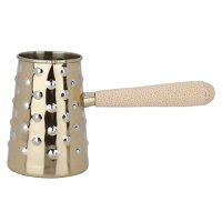 Golden coffee pot with small beige leather hand product image