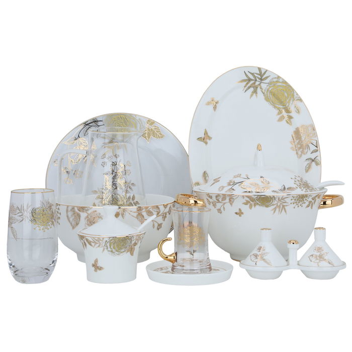 White Porcelain Dining Set Golden Rose Pattern 62 Pieces image 1