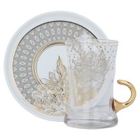 طقم بيالات شاي زجاج مع صحن بورسلان نقش وردة ذهبي 12 قطعة product image