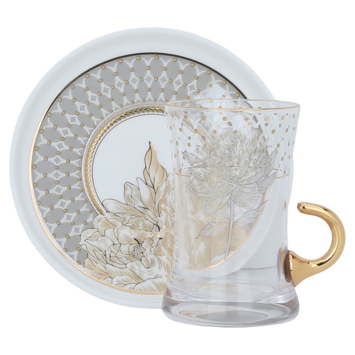 Glass tea pialat set with porcelain plate golden rose pattern 12 pieces image 1