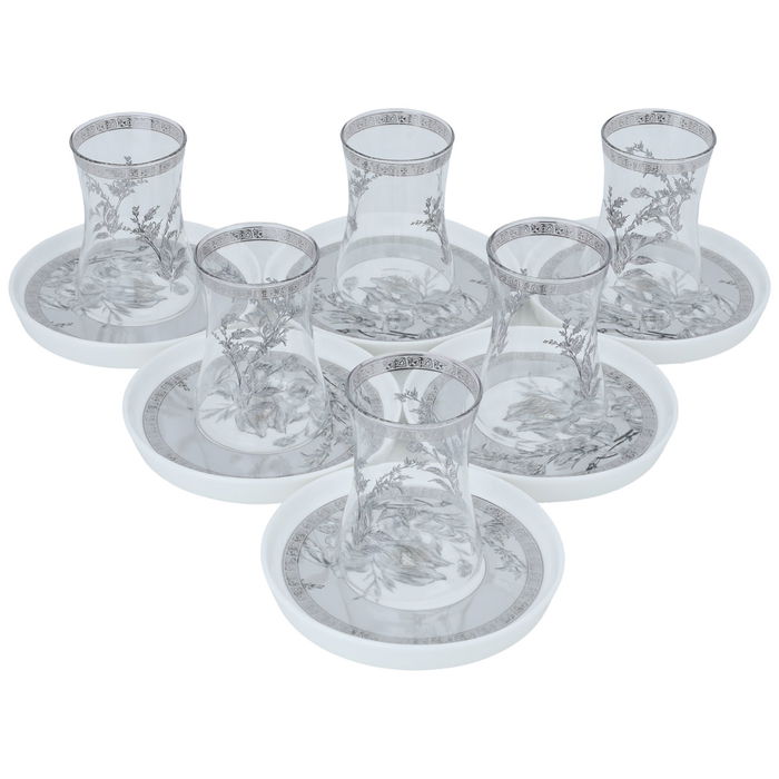 Glass tea cups set with silver floral pattern porcelain plate 12 pieces image 2