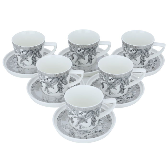 White Porcelain Coffee Cups Set Silver Floral Pattern with Saucer 12 Pieces image 2