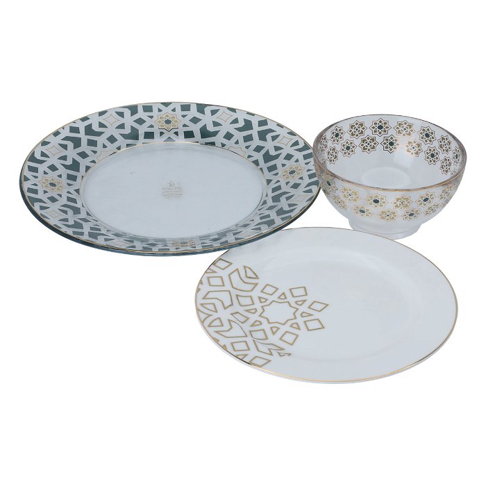 A set of circular porcelain serving dishes with a green and golden pattern, 3 pieces image 1