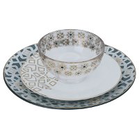 A set of circular porcelain serving dishes with a green and golden pattern, 3 pieces product image