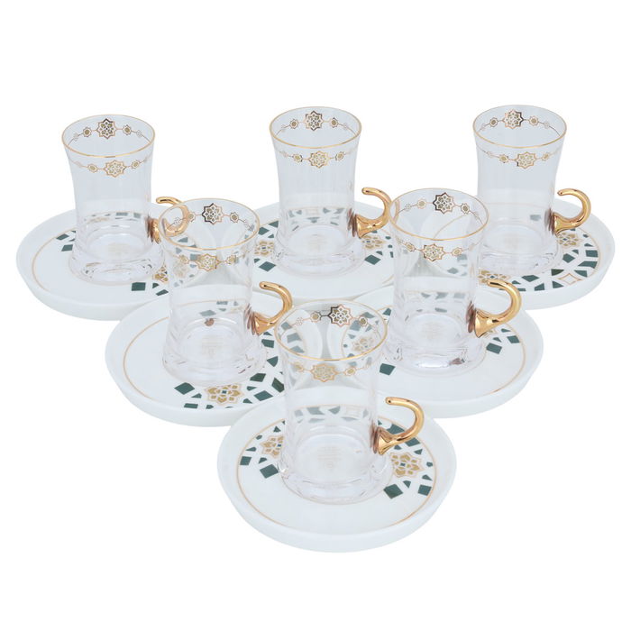 Glass tea set with porcelain plate, green and gold pattern, 12 pieces image 2