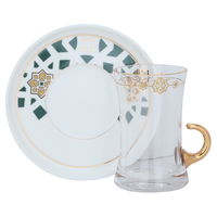 Glass tea set with porcelain plate, green and gold pattern, 12 pieces product image