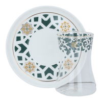 Glass tea canteen set with green and gold patterned porcelain saucer, 12 pieces product image