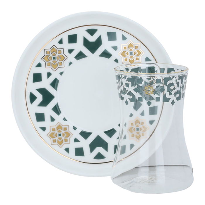 Glass tea canteen set with green and gold patterned porcelain saucer, 12 pieces image 1