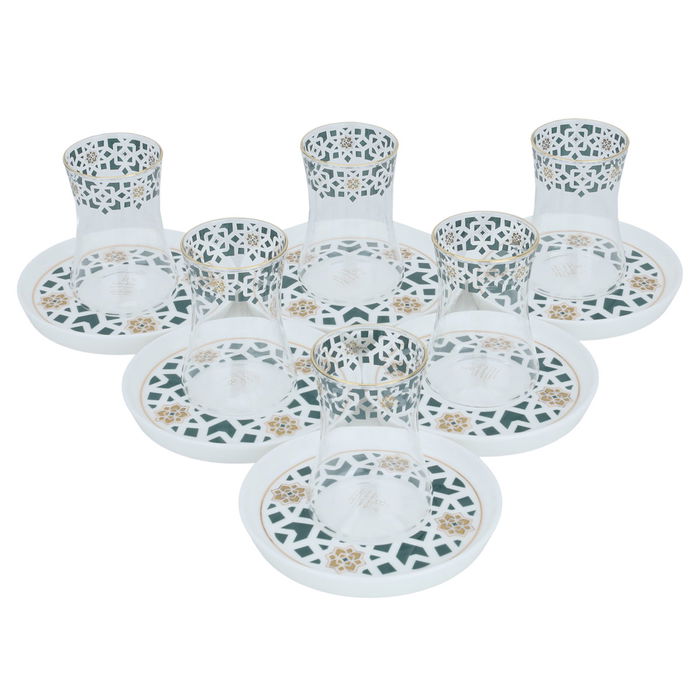 Glass tea canteen set with green and gold patterned porcelain saucer, 12 pieces image 2