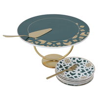 Cake serving set (plates + forks + cake spoon) white green pattern with gold product image