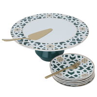 Cake serving set (plates + forks + cake spoon) white green pattern with gold product image