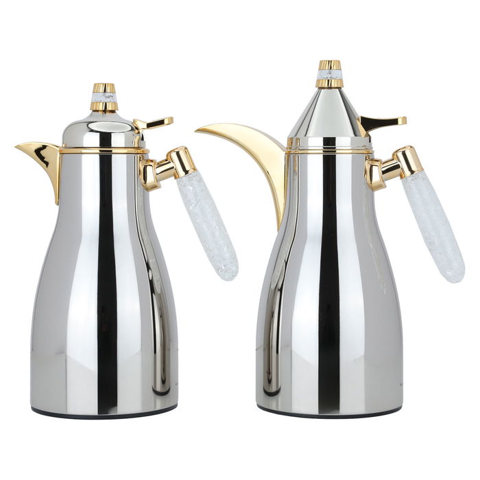 Auspicious thermos set, silver, crystal and gold handle, two pieces image 1