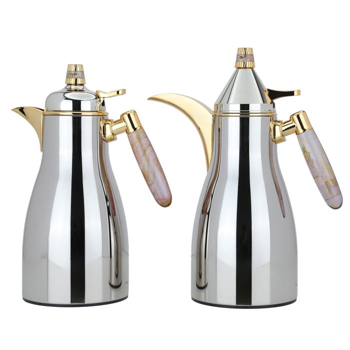 Auspicious silver thermos set, light mauve and gold handle, two pieces image 1