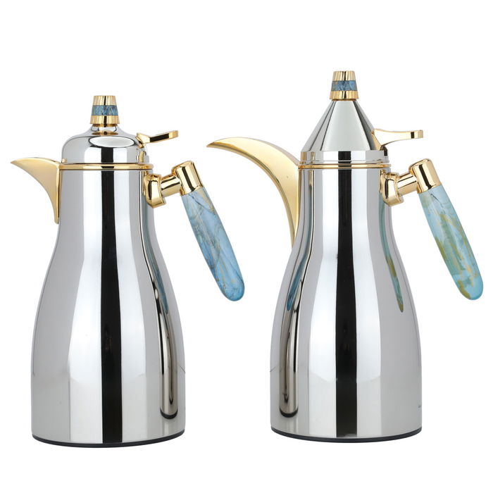 Auspicious thermos set, silver, cyan and gold handle, two pieces image 2