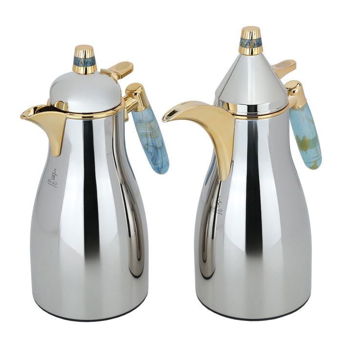 Auspicious thermos set, silver, cyan and gold handle, two pieces image 1