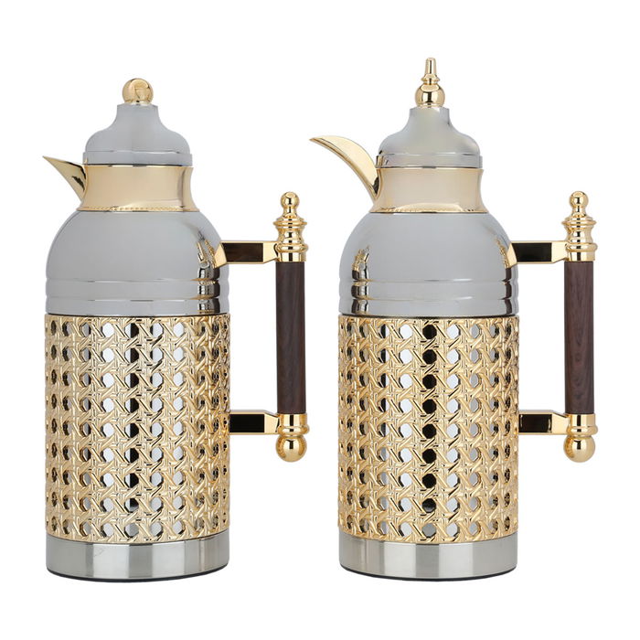 Sarah nickel dark wooden thermos set with gold handle, two pieces image 1