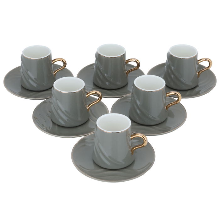 Grey Porcelain Coffee Cups Set with Gold Line with Saucer 12 Pieces image 2