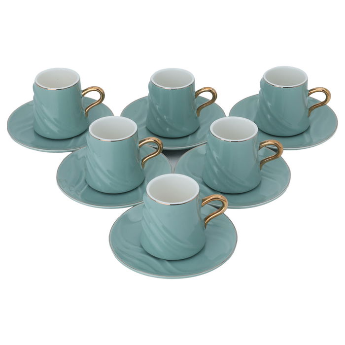 Light Blue Porcelain Coffee Cups Set with Gold Line with Saucer 12 Pieces image 2