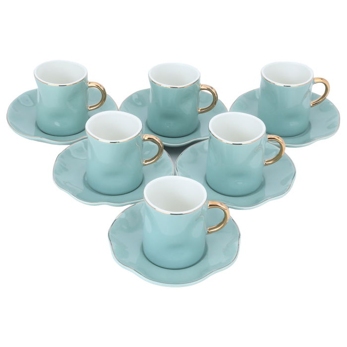 Light Blue Porcelain Coffee Cups Set with Gold Line with Saucer 12 Pieces image 2