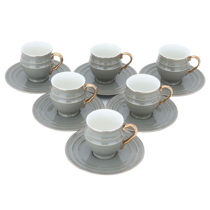 Grey Porcelain Coffee Cups Set with Gold Line with Saucer 12 Pieces image 2