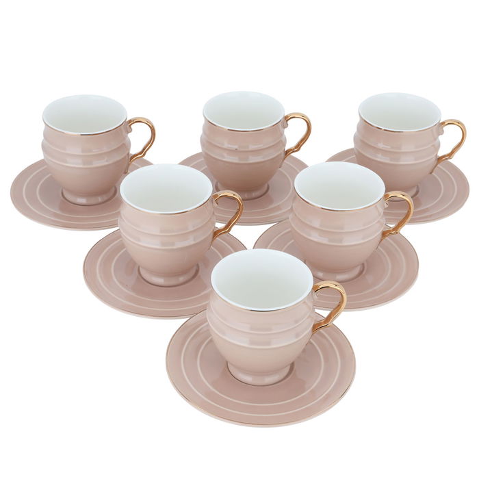 Golden Line Brown Porcelain Tea Cup Set with Saucer 12 Pieces image 1