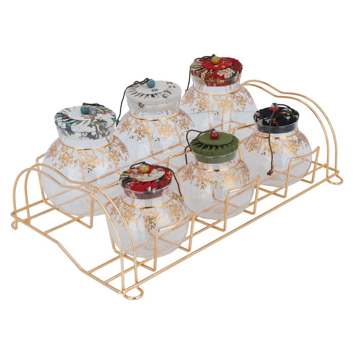 Spice Boxes Set Glass Colored Lid With Golden Stand 7 Pieces image 2