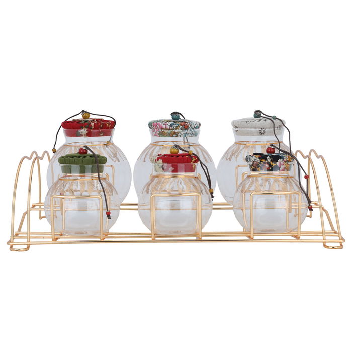 Spice Boxes Set Glass Colored Lid With Golden Stand 7 Pieces image 1