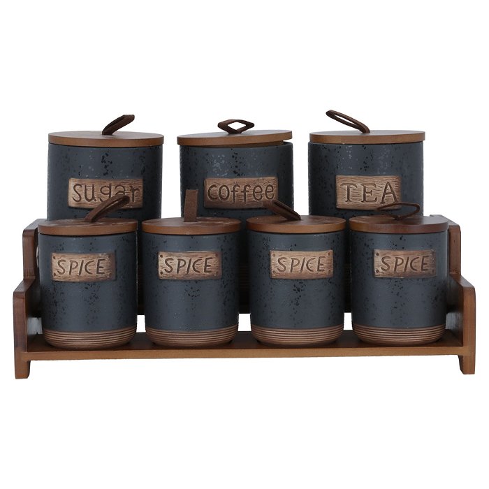 Dark grey spice boxes set with wooden stand lid 7 pieces image 1