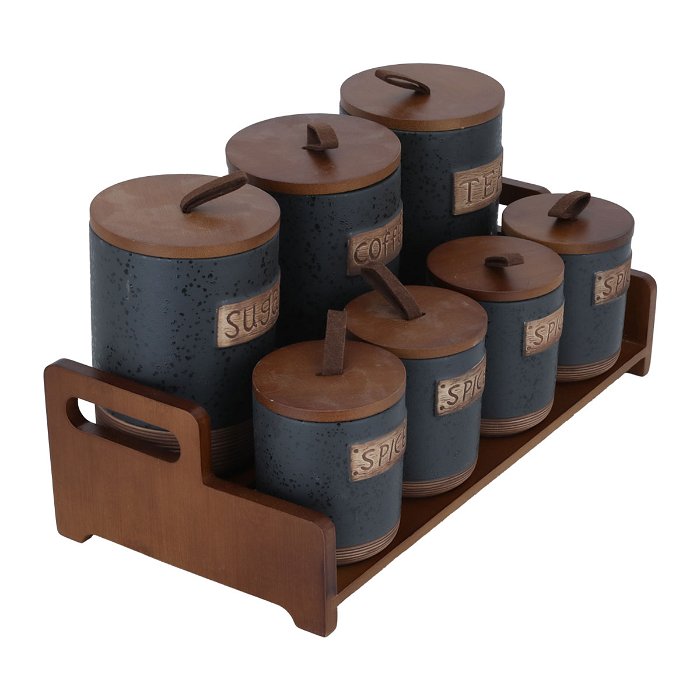 Dark grey spice boxes set with wooden stand lid 7 pieces image 2