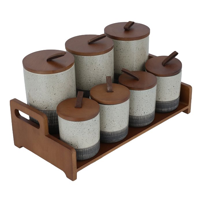 Beige spice boxes set with wooden stand lid 7 pieces image 2