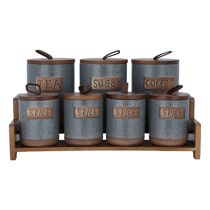 Light grey spice boxes set with wooden stand lid 7 pieces image 1