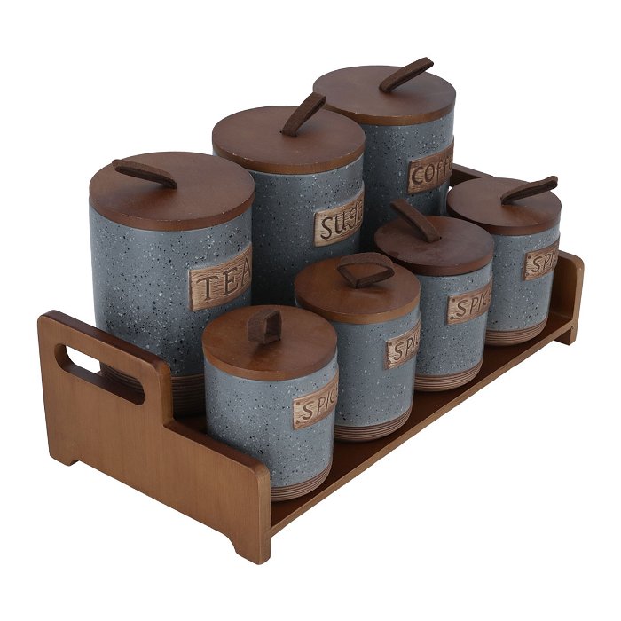 Light grey spice boxes set with wooden stand lid 7 pieces image 2