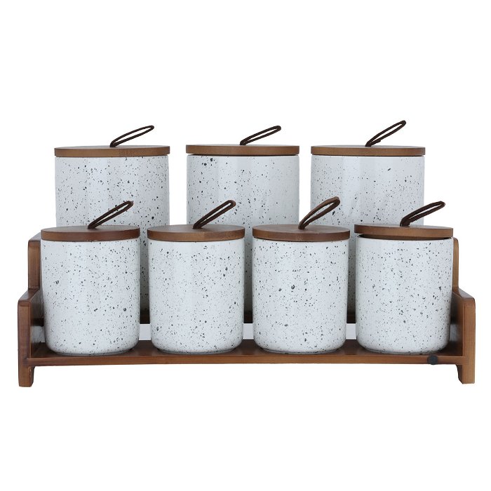 White marble spice boxes set with wooden stand lid 7 pieces image 1