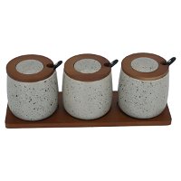 A set of light gray spice boxes with a lid and a wooden stand, 3 pieces product image