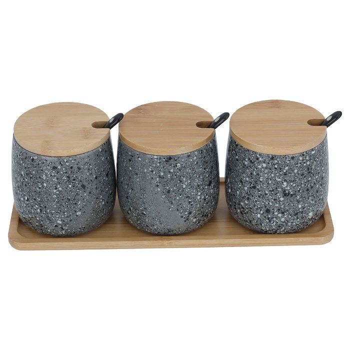 Dark grey spice boxes set with wooden stand lid 3 pieces image 1