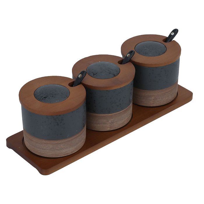 Black spice boxes set with wooden stand lid 3 pieces image 1