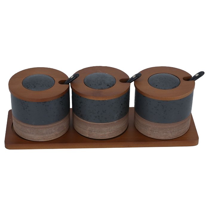 Black spice boxes set with wooden stand lid 3 pieces image 2