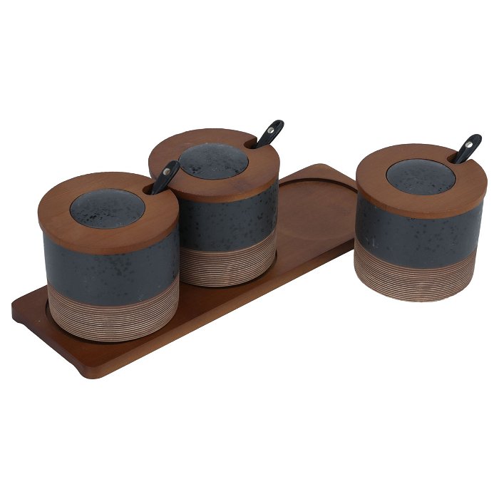 Black spice boxes set with wooden stand lid 3 pieces image 3