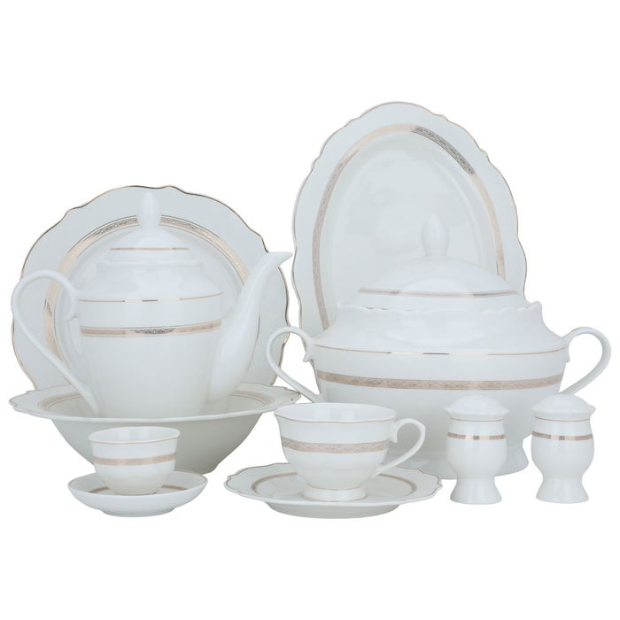 White Embossed Round Porcelain Dining Set 65 Pieces image 1