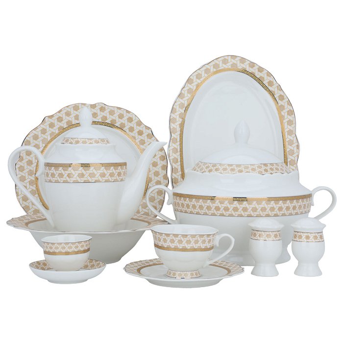 White Embossed Gold Round Porcelain Dining Set 65 Pieces image 1