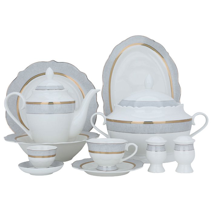 White Round Porcelain Dining Set with Gold Line 65 Pieces image 6